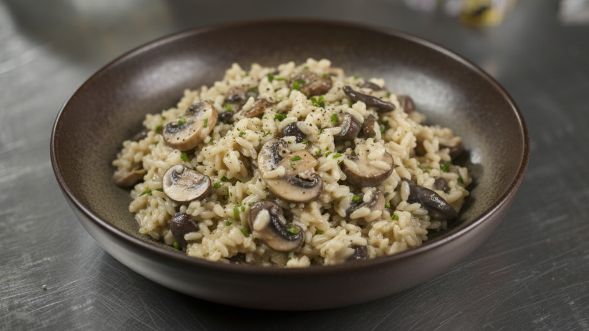 Svart vitlöksrisotto med grillad svamp och ramslöksolja