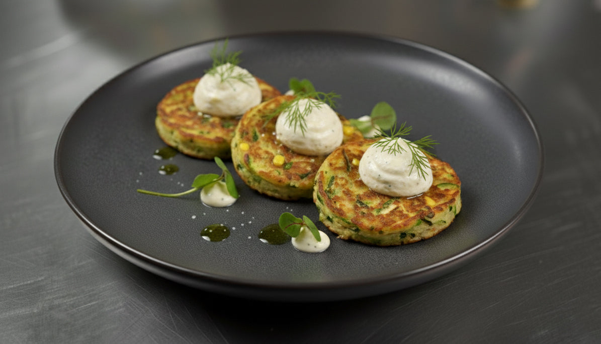 Krispiga grönsaksblinis med syrlig syre och rörostkräm