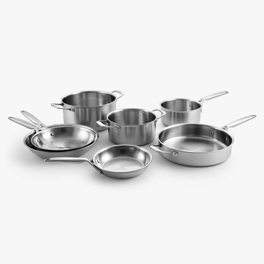 Kockset i 3-Ply rostfritt stål: två grytor, kastrull, sautépanna och stekpannor Ø20, Ø24 och Ø28 cm, utan lock