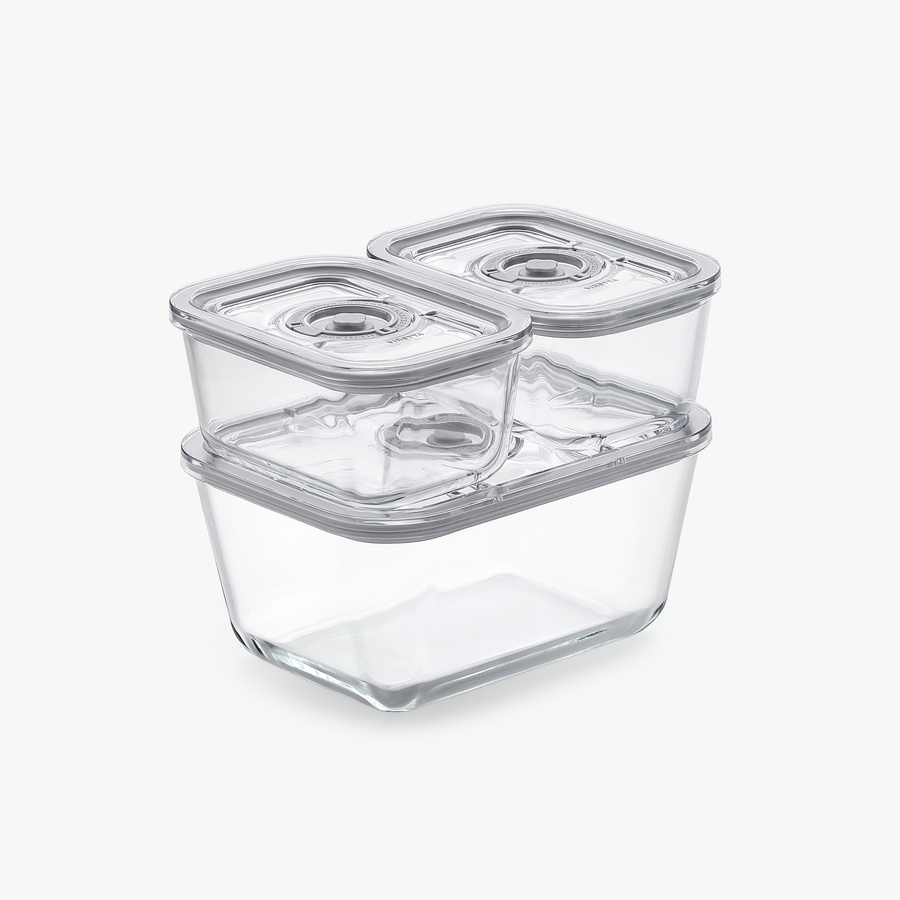 Stort startset med vakuumbehållare i glas, samlat och sett snett framifrån