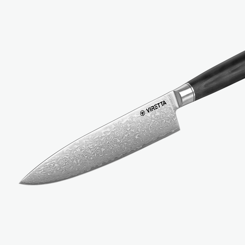 Bladet på Shōjin Suna kockkniv med damaskusmönster, i närbild