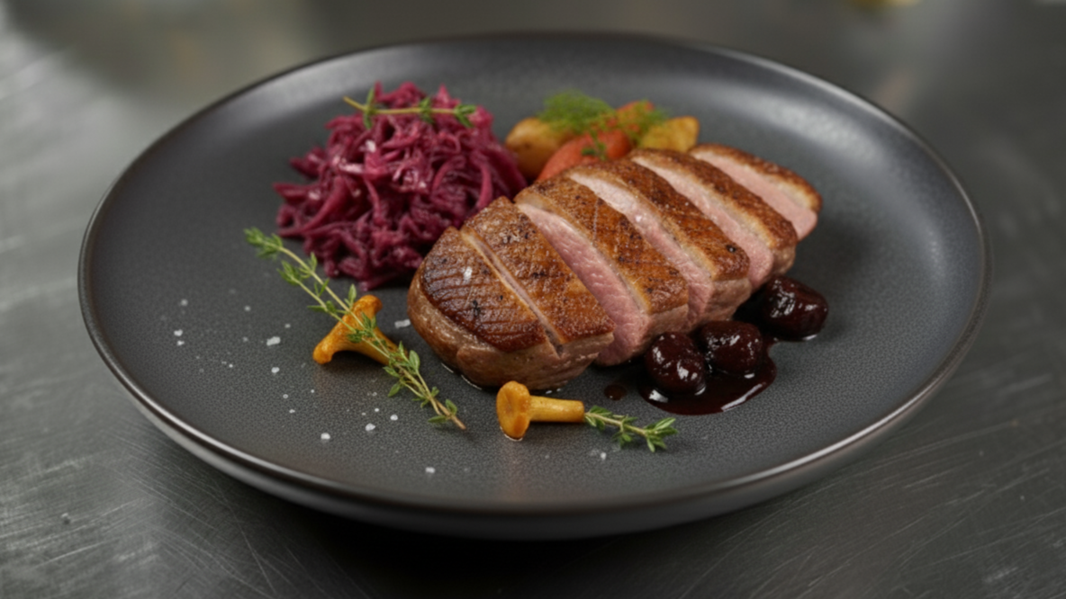 Stekt ankbröst med rödkål och ugnsrostade rotfrukter