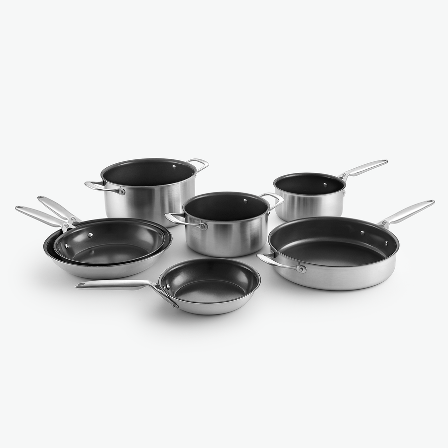 Kockset i 3-Ply keramisk: två grytor, kastrull, sautépanna och stekpannor Ø20, Ø24 och Ø28 cm, utan lock