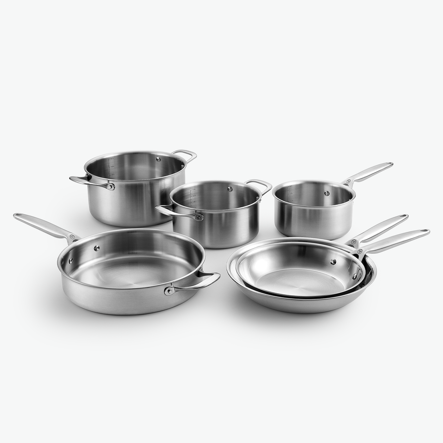 Signature-set i 3-Ply rostfritt stål: två grytor, kastrull, sautépanna och stekpannor Ø24 och Ø28 cm, utan lock