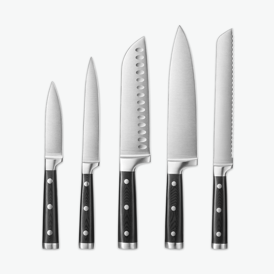 Classic knivset – Kock: skalkniv, universalkniv, santokukniv, kockkniv och brödkniv sida vid sida