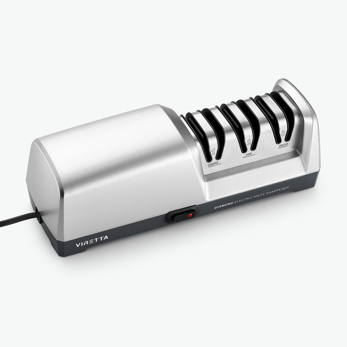 Elektrisk knivslip i silver, sedd snett framifrån