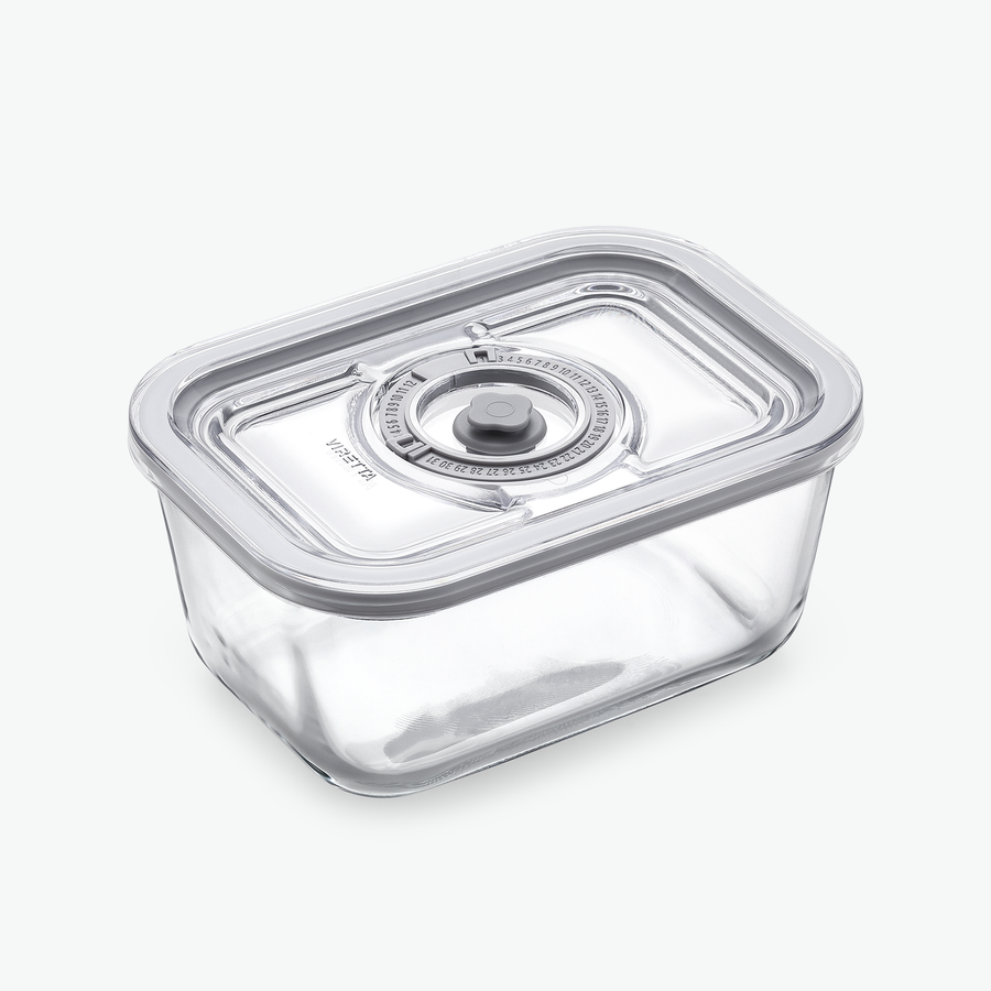 Vakuumbehållare i glas, 800 ml, med lock, sedd snett framifrån