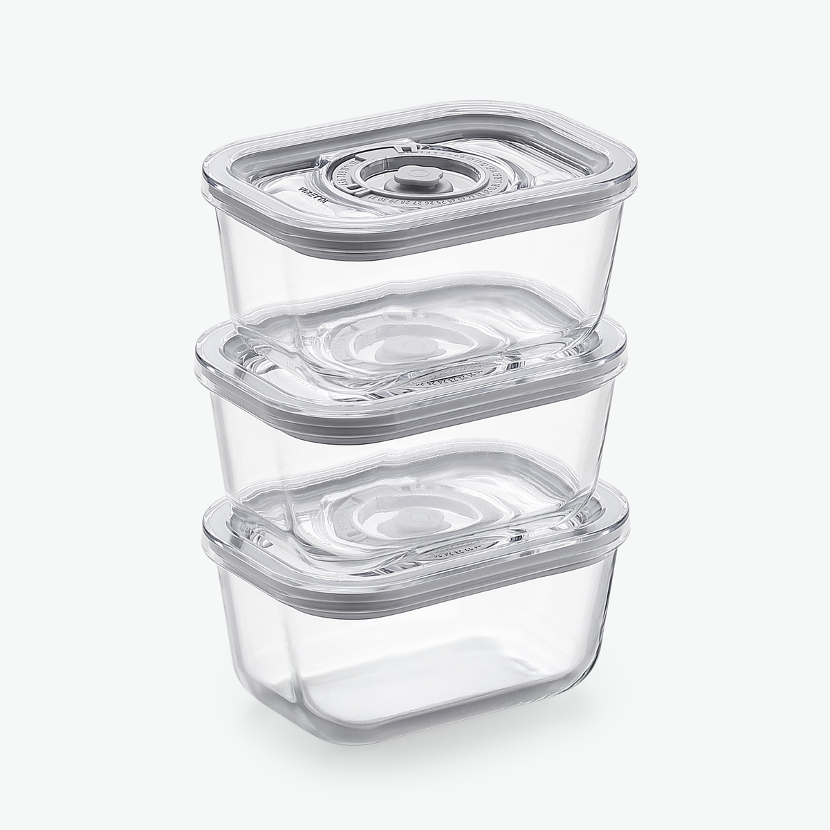 Tre likadana vakuumbehållare i glas på 500 ml, staplade och sedda snett framifrån