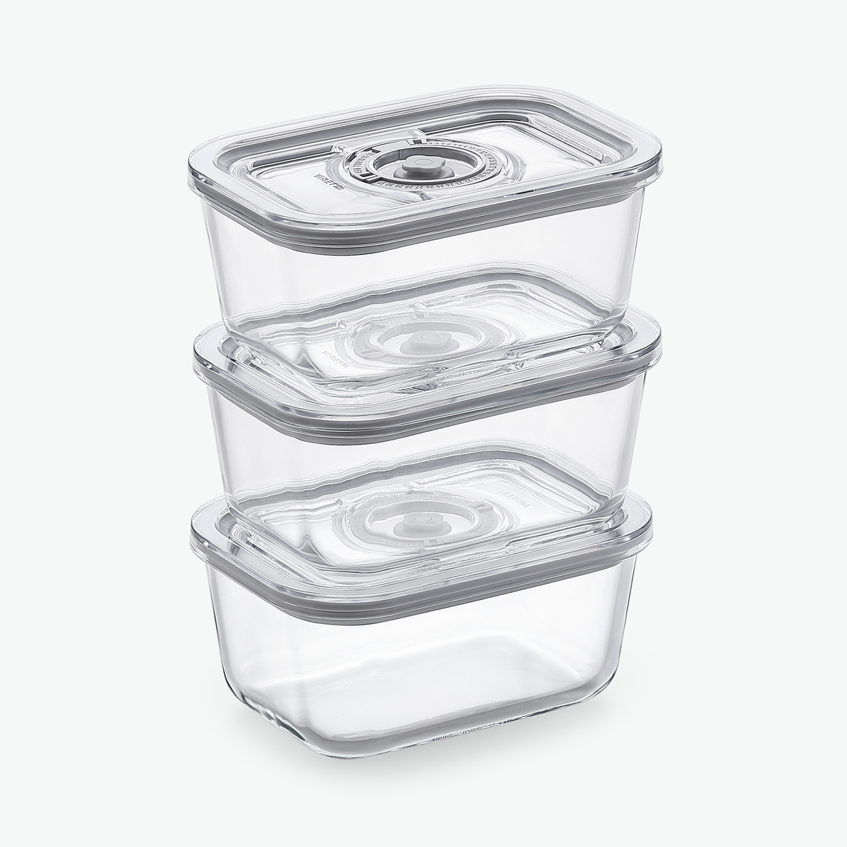 Tre likadana vakuumbehållare i glas på 800 ml, staplade och sedda snett framifrån