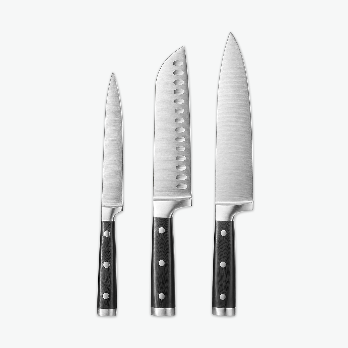 Classic knivset – Trio: universalkniv, santokukniv och kockkniv sida vid sida