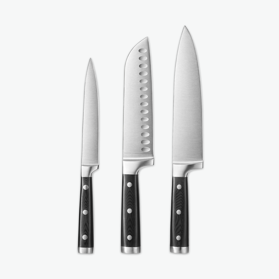 Classic knivset – Trio: universalkniv, santokukniv och kockkniv sida vid sida