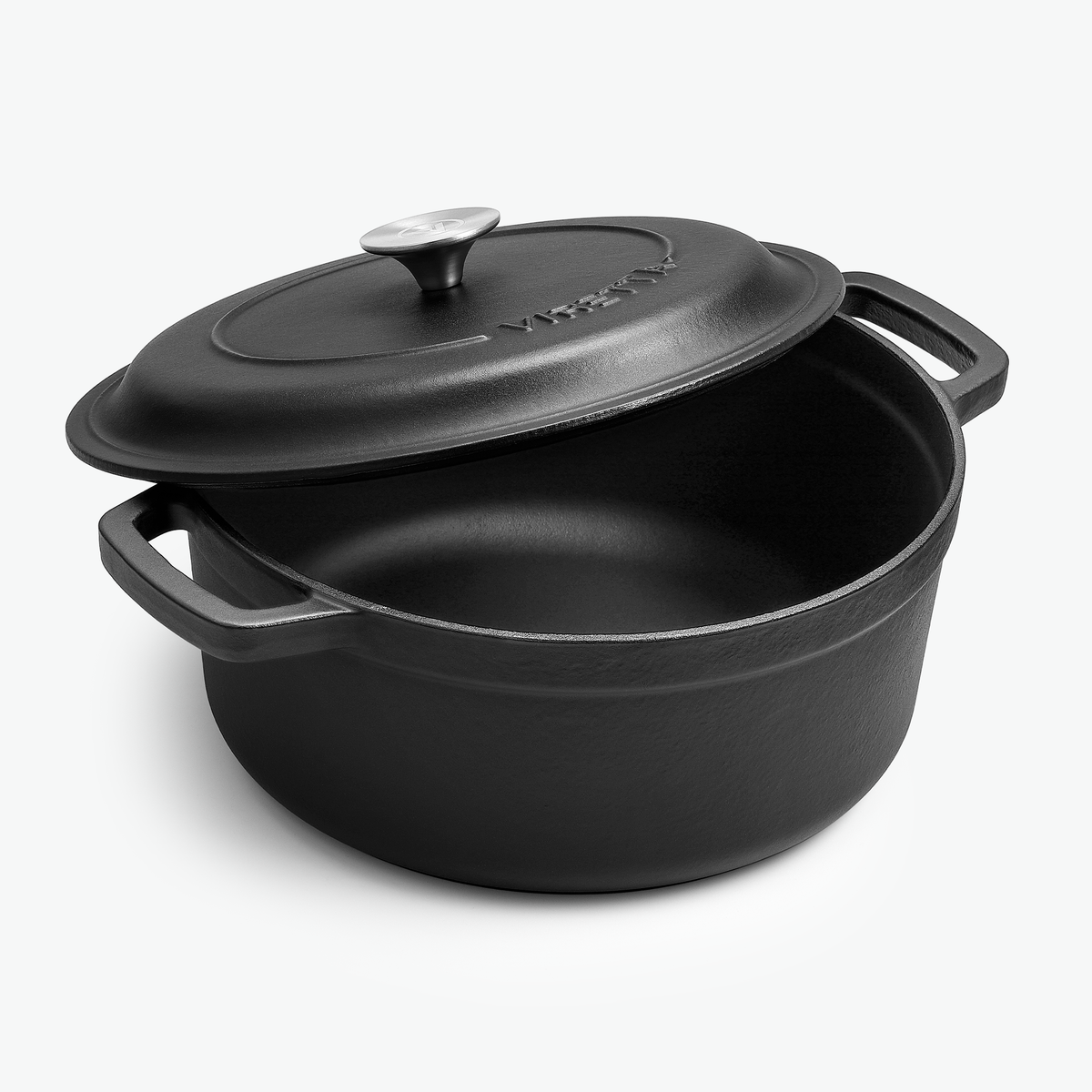 Emaljerad gjutjärnsgryta Ø28 cm i skiffersvart med locket på glänt och mattsvart emalj invändigt