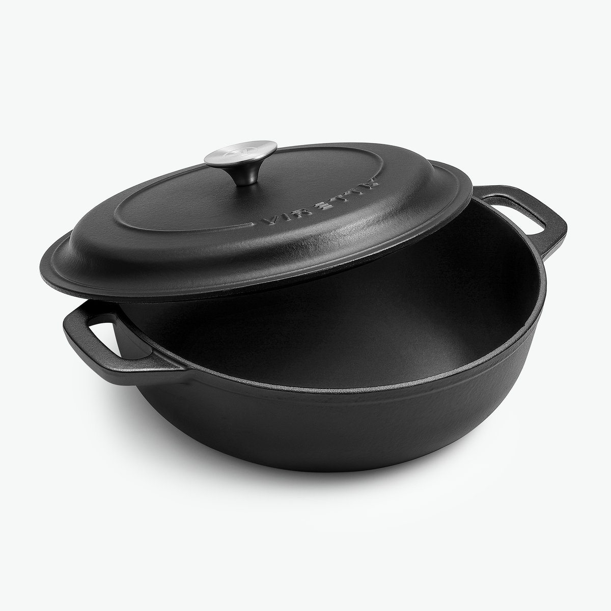 Emaljerad gjutjärnsgryta Ø30 cm i skiffersvart med locket på glänt och mattsvart emalj invändigt