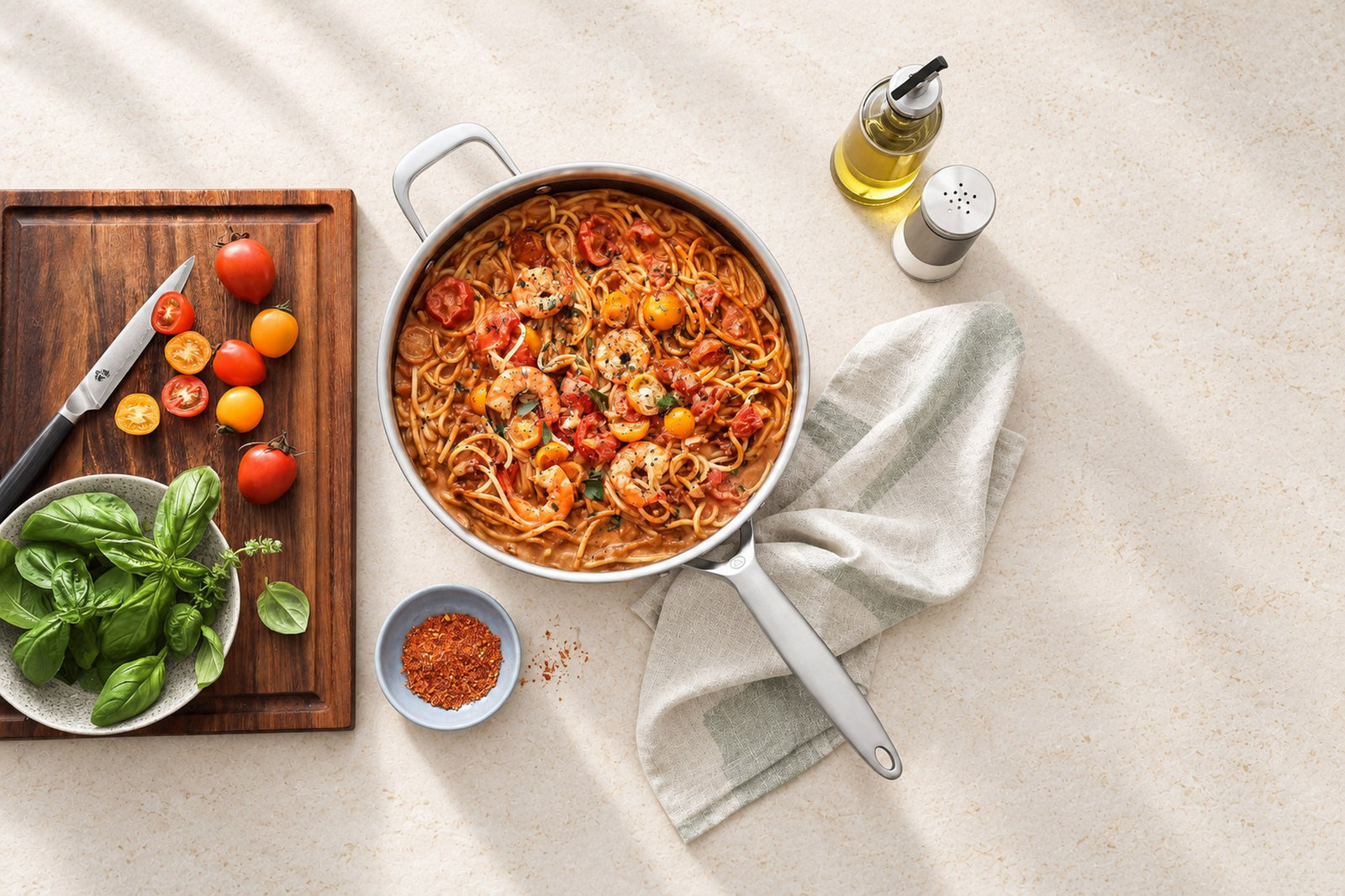 Sautépanna i 3-Ply Hybrid med spaghetti, räkor och tomat på ljus sten